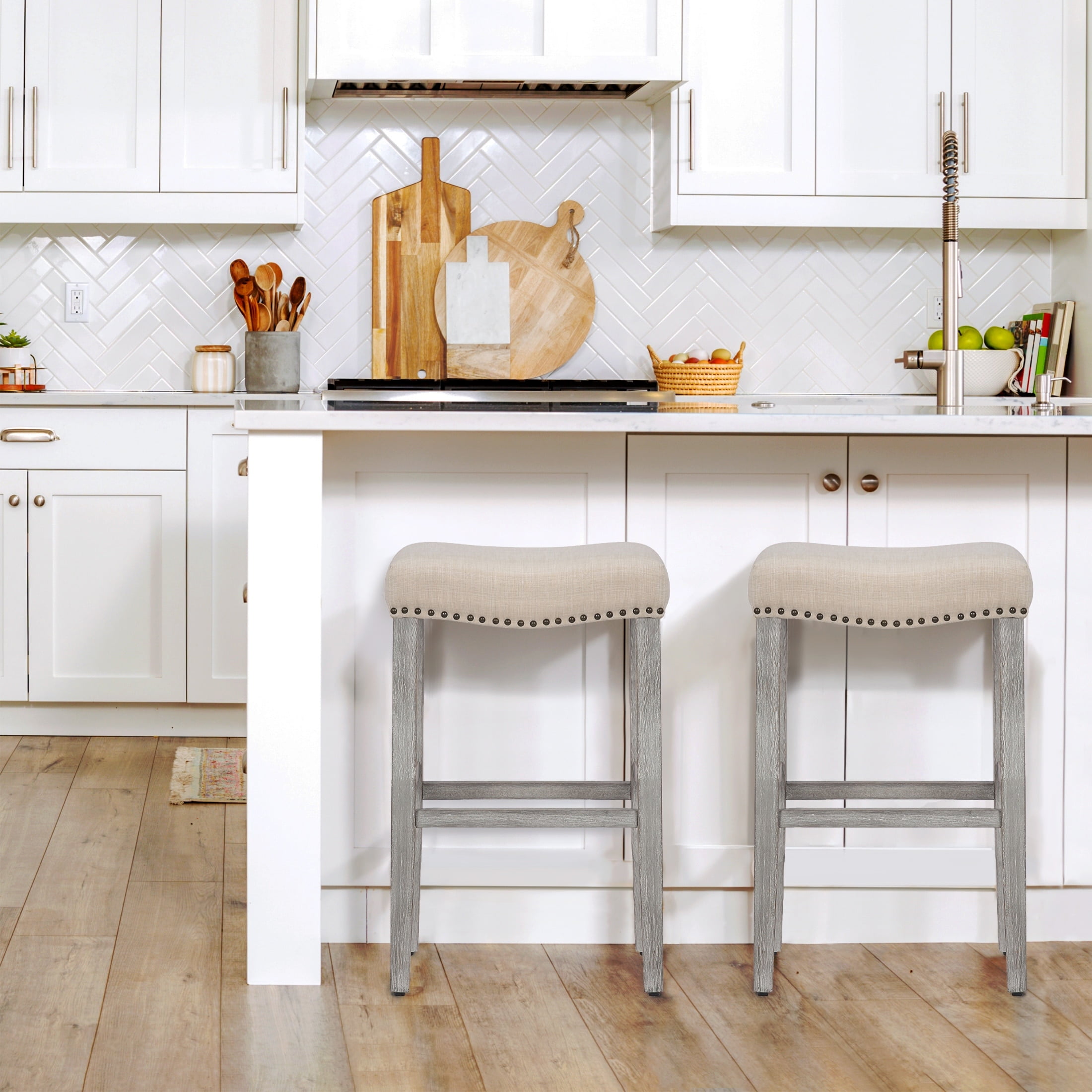 Polytrends Jameson Upholstered Polyester 29" Bar Stool - Saddle Seat (Set of 2) Gray Legs Beige