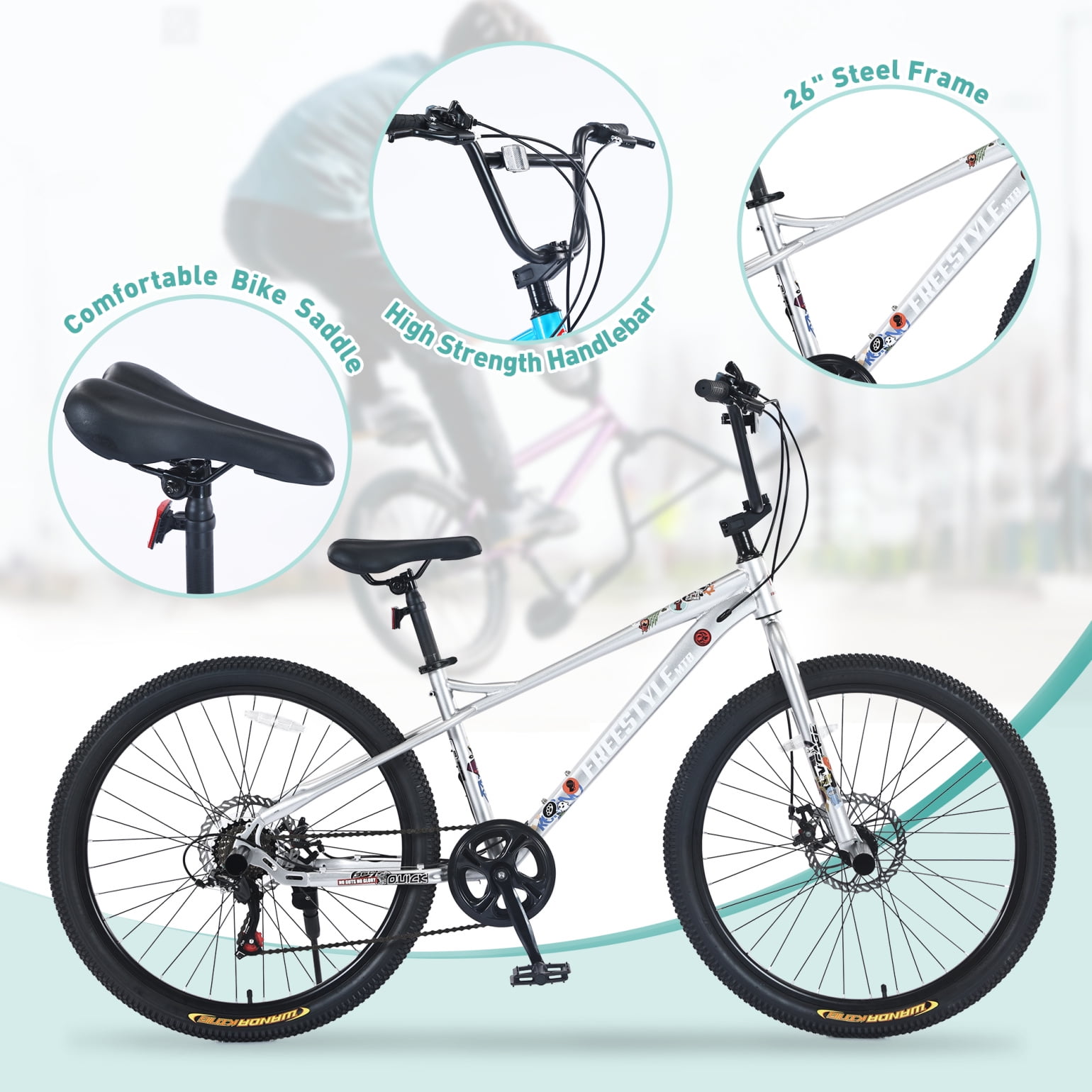 26 inch BMX Bike for Teens 7 Speeds Double Disc Brakes MTB Bicycle Silver Age 12 Walmart