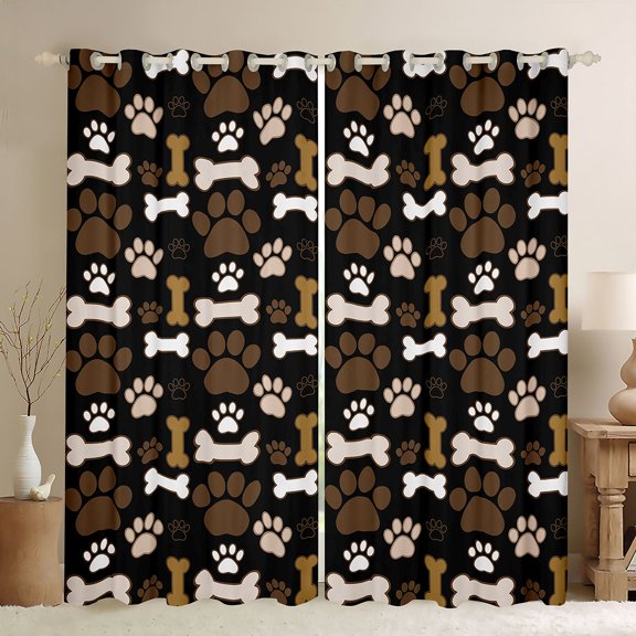 Manfei Cute Dog Paw Blackout Curtains, Cartoon Bone Print Window Curtains Pack of 2 (38x45 Each), Black Brown
