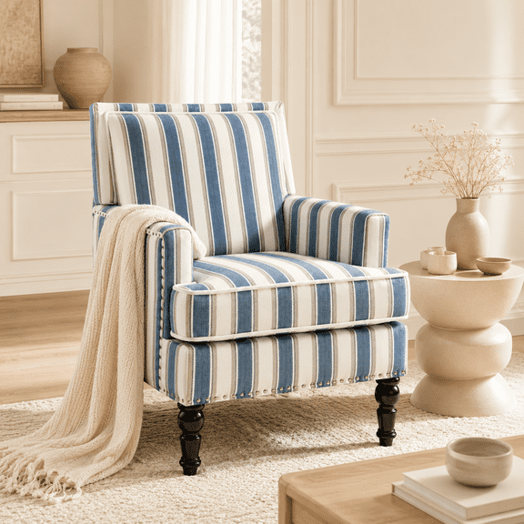 ZIVACATE Mid Century Modern Accent Chair, Striped Fabric Armchair with Nailhead Trim, Upholstered Reading Chair for Living Room, Bedroom & Reading Nook, Blue White Striped