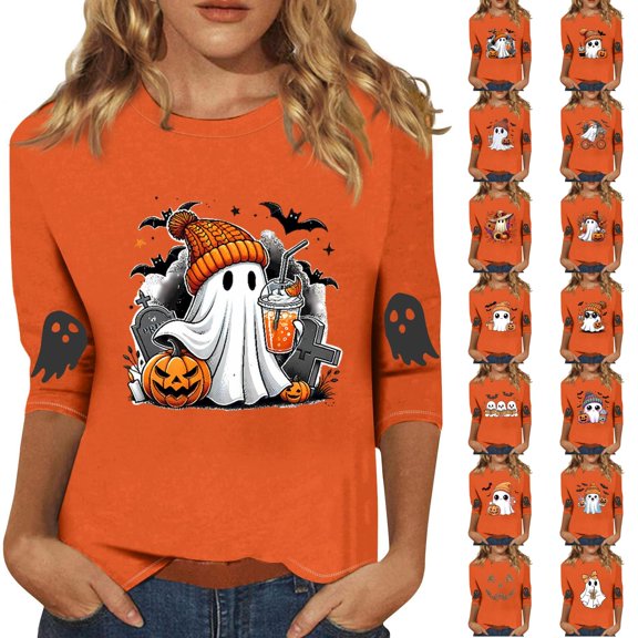 Trgacdwlo Halloween Shirts for Women 3/4 Sleeve Funny Pumpkin Graphic Women's Crew Neck Shirts Funny Ghost Graphic Fall Pullover Shirts S