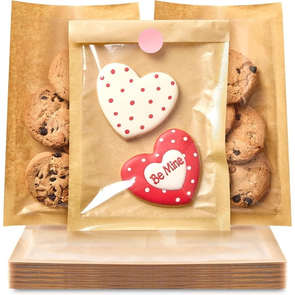 100 Pack 5.1x7.5 Inches Brown Bakery Bags with Clear Window Heat-Sealable Grease-Resistant Paper Cookie Bags for Treats Candy Snacks Wedding Favor Packaging