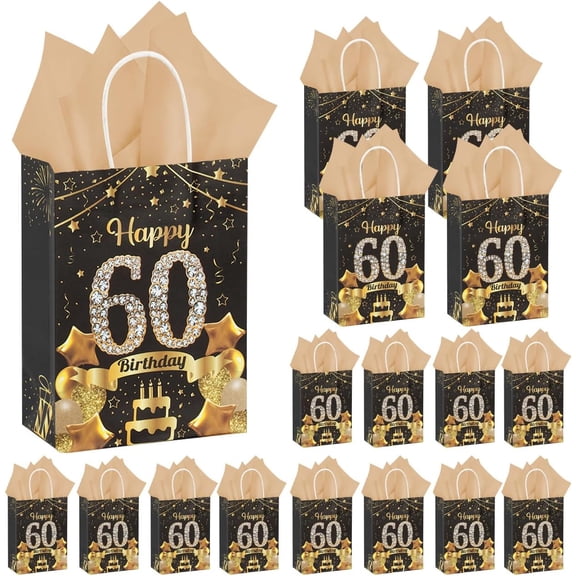 50Pcs 60th Birthday Party Favors Gift Bags Bulk,Black and Gold Happy 60th Gift Candy Wrap Bags with Tissue Paper,Vintage 60th Birthday Decorations Souvenir Bag for Men Women Anniversary Supplies 60th