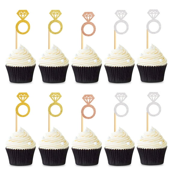 Lubelski Cake Toppers Insert Card Ring Shape Cupcake Toppers Glitter Bridal Shower Wedding Ring Cupcake Picks Marriage Wedding Engagement Anniversary Valentines Party Cake Decorations Supplies