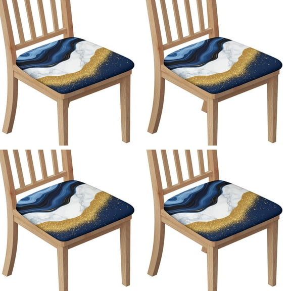 Blue Gold Marble Seat Covers for Dining Room Chairs Set Of 4,Stretch Printed Washable Chair Seat Cover with Elastic Ties and Button,Removable Waterproof Couch Cushion Covers