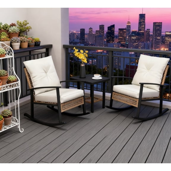 Three-Piece Outdoor Rattan Rocking Chair Set, Includes Cushions, Patio Table and Chair Combination, All-Weather PE Rattan Porch Chair, Suitable for Balconies, Backyards, and Front Porches ,White
