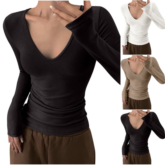 Aboser V Neck Tops for Women Slim Fit Basic Tees Y2k Top Casual Long Sleeve Shirts Solid Color Layers Shirt Lightweight Soft Underscrubs