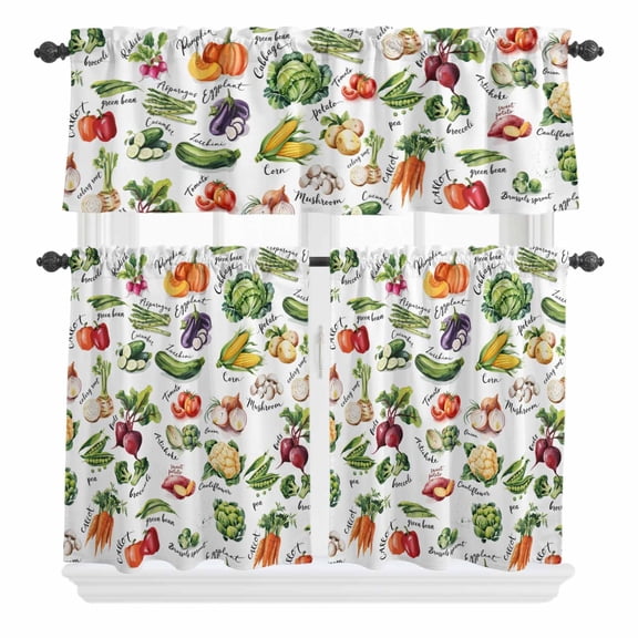 3 Piece Kitchen Curtains and Valances Set Vegetables Cafe Curtains 36 Inch Length Watercolor Farmhouse Fruits Valance & Tier Curtain for Living Room Bedroom Small Window 54"x18" 27"x36"*2