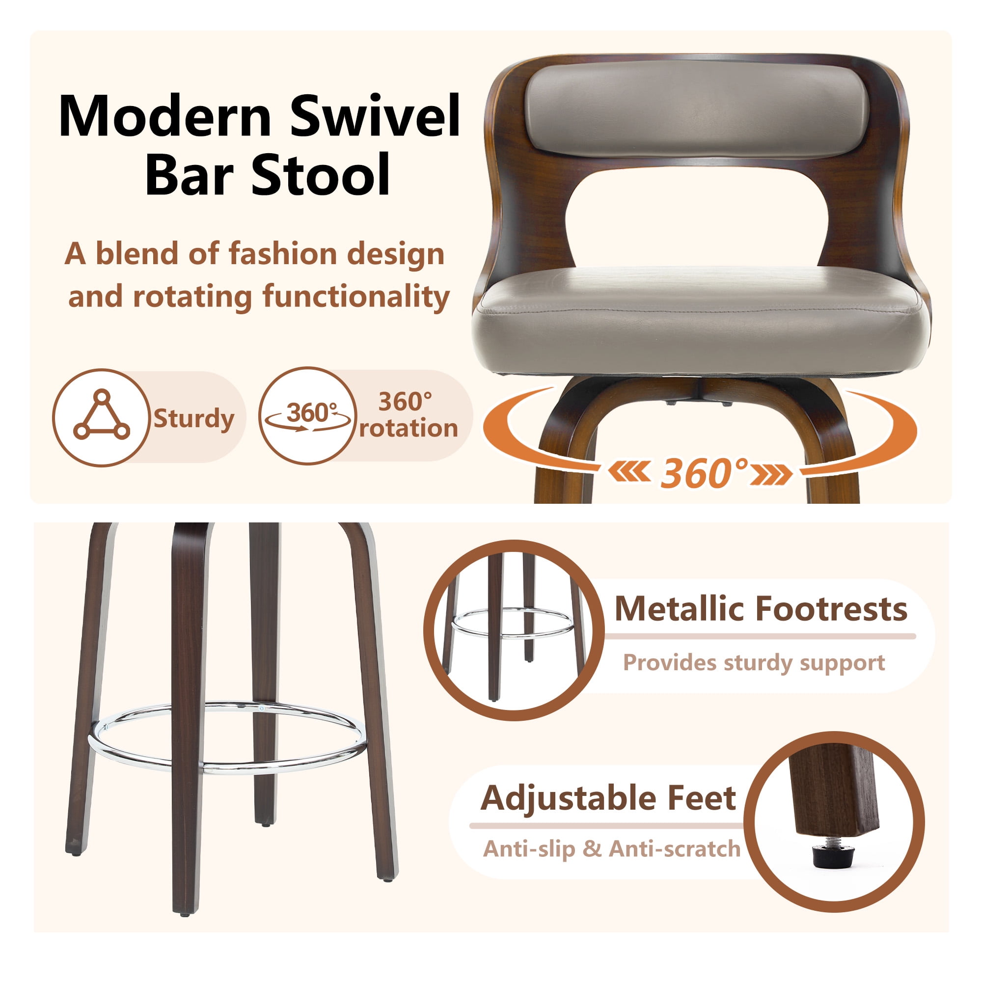 ClinQ 26 inch Swivel Bar Stool Set of 1, Counter Height Bar Chair with Walnut Legs and Silver Ring Footrest, Upholstered Faux Leather, Gray