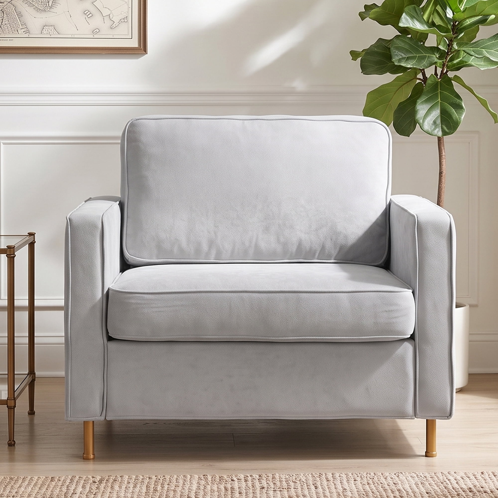 Euroco Modern Accent Chair, Oversized Chenille Upholstered Single Sofa with Deep Seat and Wood Legs, Comfy Reading Armchair for Living Room Bedroom,Light Gray