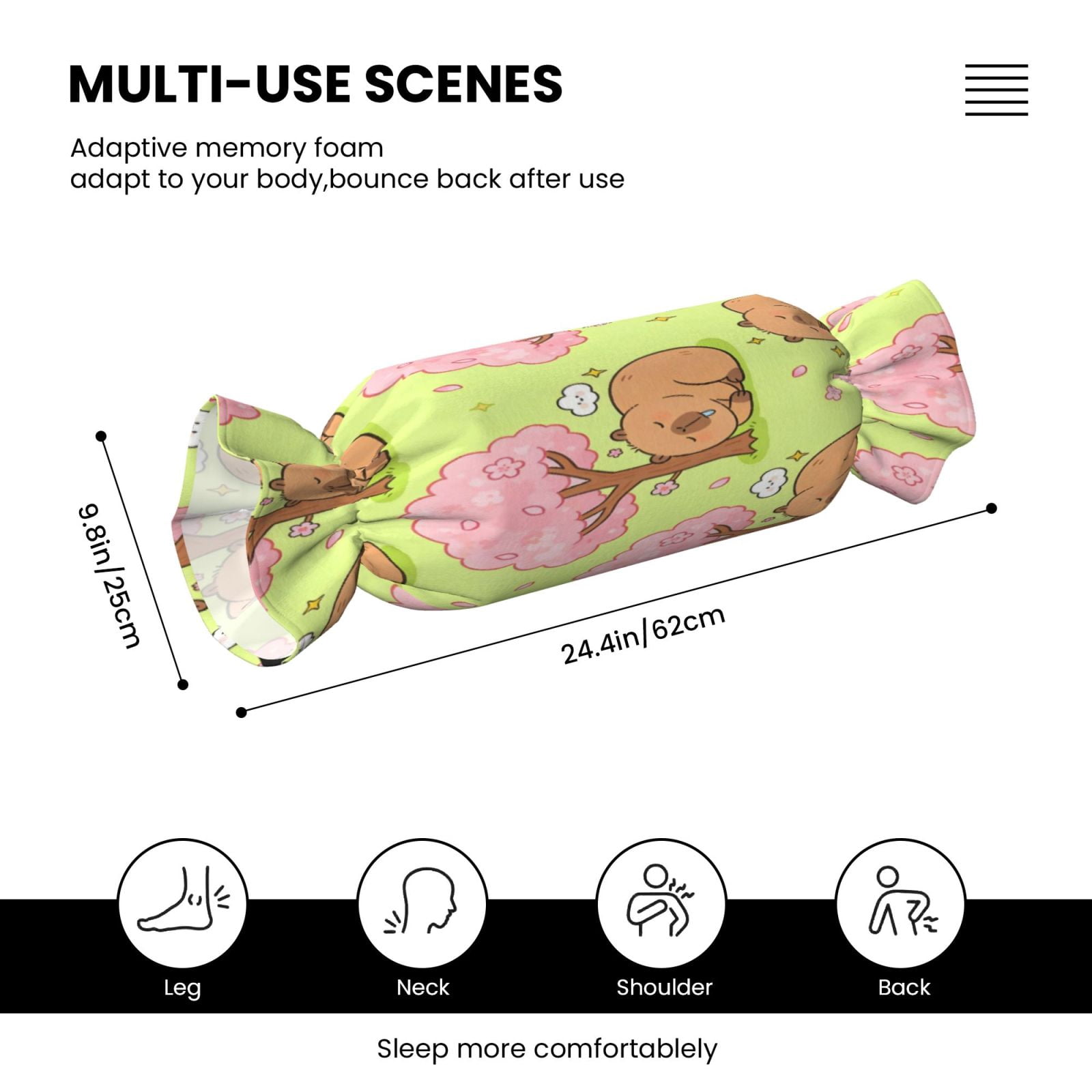 Candy Throw Pillow Travel Cervical Pillow Cylindrical Neck Body Cushion With Insert For Bed Couch Home Decor 9.8x24.4in Capybaras Sleeping Under Trees