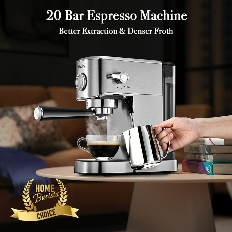 Mecity 20 Bar Espresso Machine with Frother, Compact Design, 37 oz Removable Water Tank, Cappuccino Maker, Mocha, Latte, Stainless Steel, 120V, 1350W