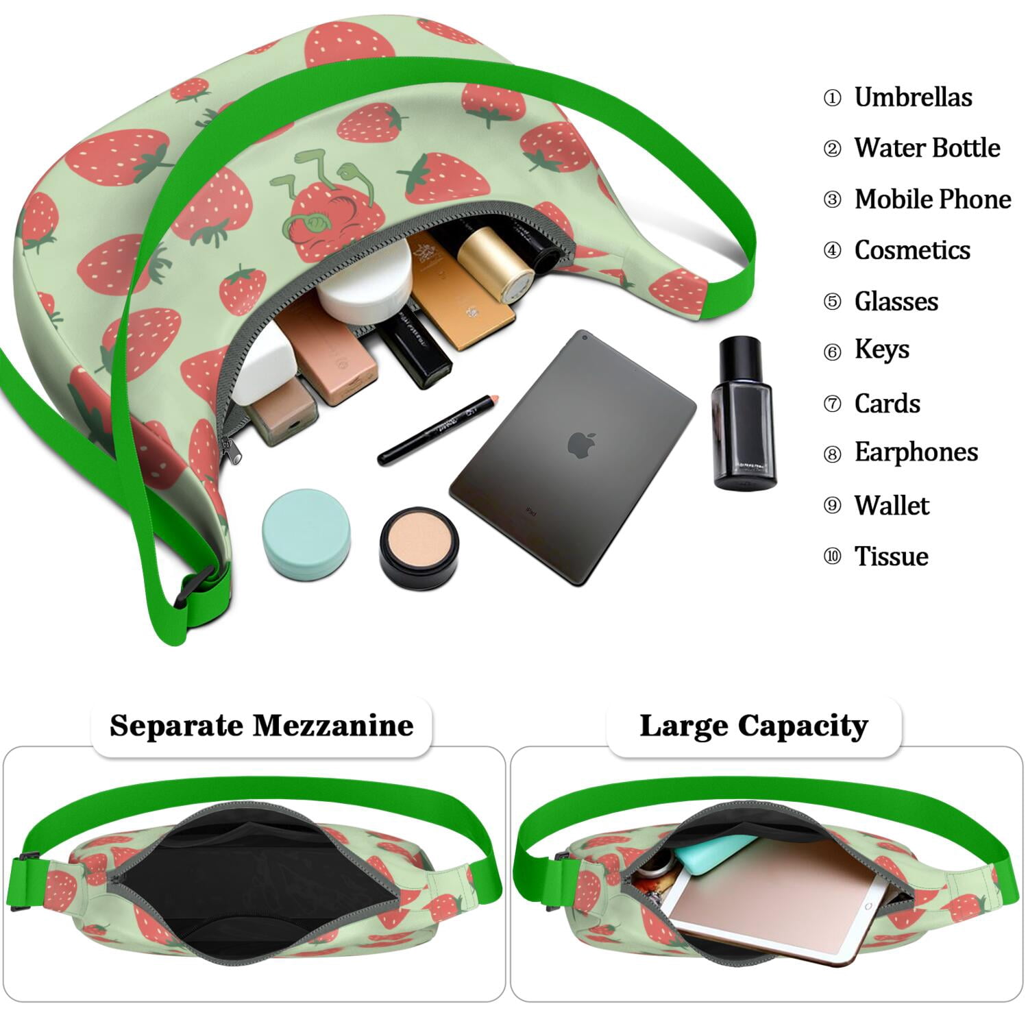 Sweet Strawberry Print Hobo Purse for Women, Red Berry Crossbody Tote, Lightweight Water-Resistant Shoulder Bag, Fresh Summer Fruit Design for Berry Lovers