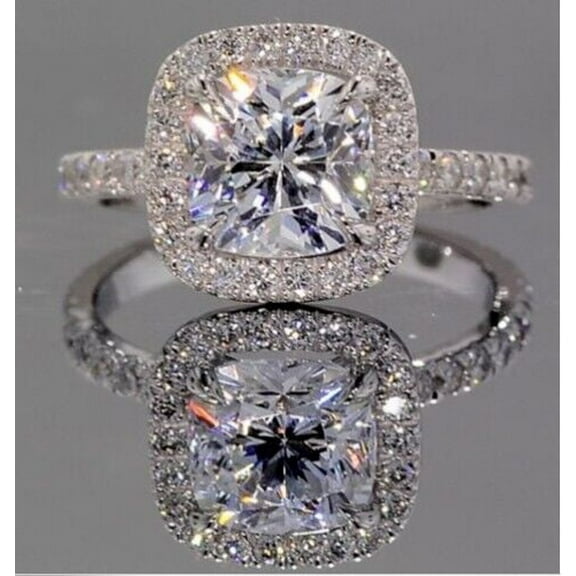 14K White Gold Plated Silver 2.00CT Cushion Cut CZ Women's Halo Engagement Ring Valentine Gift