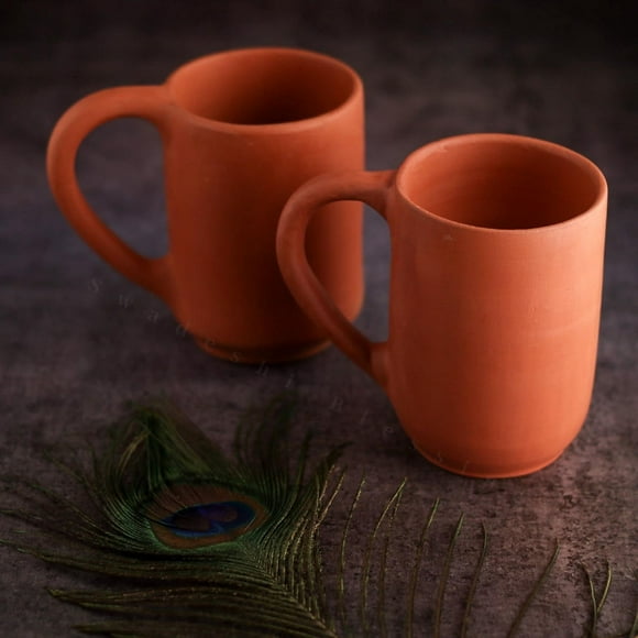 Exclusive Range Unglazed Handmade Clay Mugs Set Of 2 | Earthen Mugs For Milk, Tea, Coffee - Mud Mugs - Mitti Ke Mugs - Ayurvedic Item With Mirror Finish + Ash For Cleaning, 400ml Each