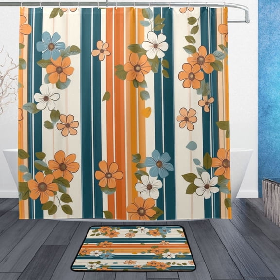 BZSMCE Shower Curtain and Bath Accessory Set,Floral Stripes Pattern