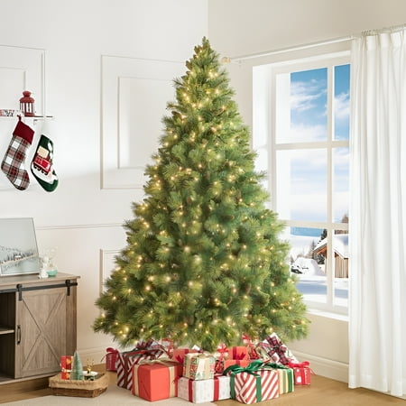 Vail 7.5ft Prelit Artificial Christmas Tree with Pine Cones, Foot Pedal, 1556 Branch Tips, 750 Warm Lights and Metal Stand, 61" wide Realistic Traditional Christmas Tree with Lights by Naomi Home