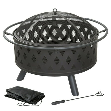 32" Round Crossweave Fire Pit Wood Burning Outdoor Firepit for Backyard Deck