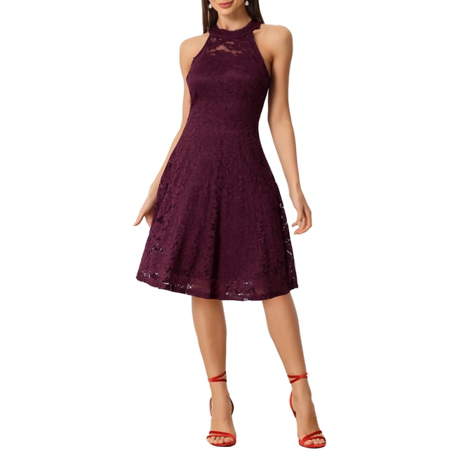 INSPIRE CHIC Robe Femme Dentelle Florale Col Licou Sans Manches Élégante Cocktail Robe Trapèze TP Bourgogne