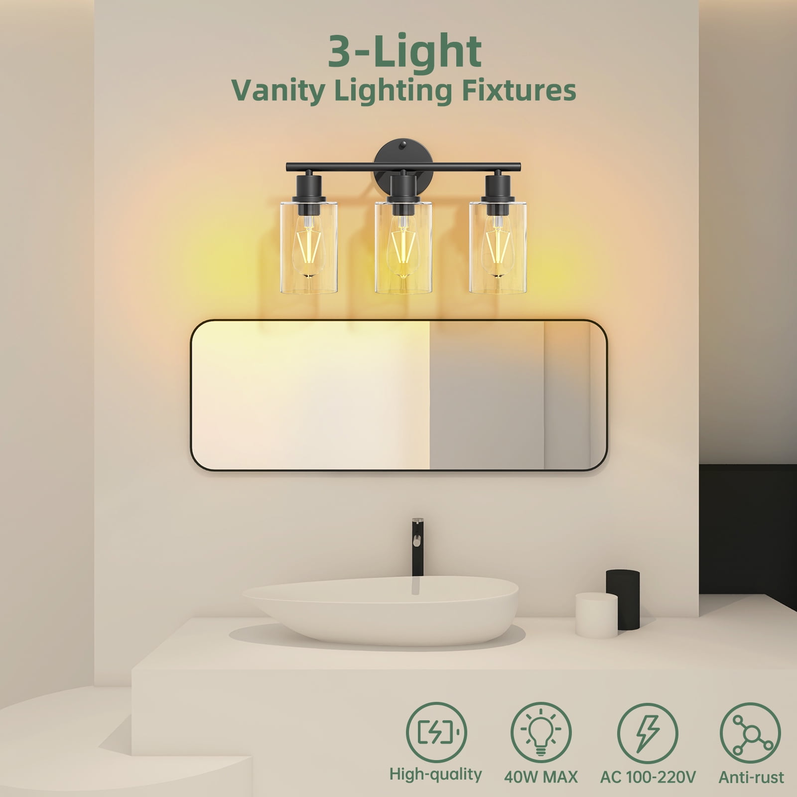 Cshidworld 3-Light Black Dimmable Vanity Light with Clear Glass Shade