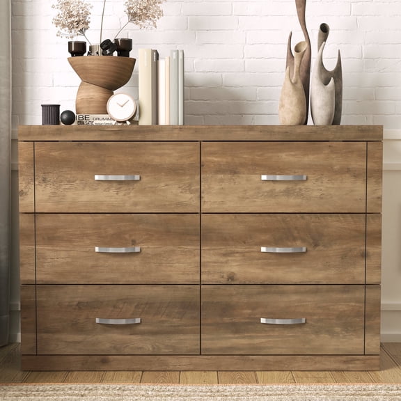 STYLIVIA 6-Drawer Double Dresser with Smooth Glide Drawers Knotty Oak 46.5" W x 16.2" D x 31.1" H
