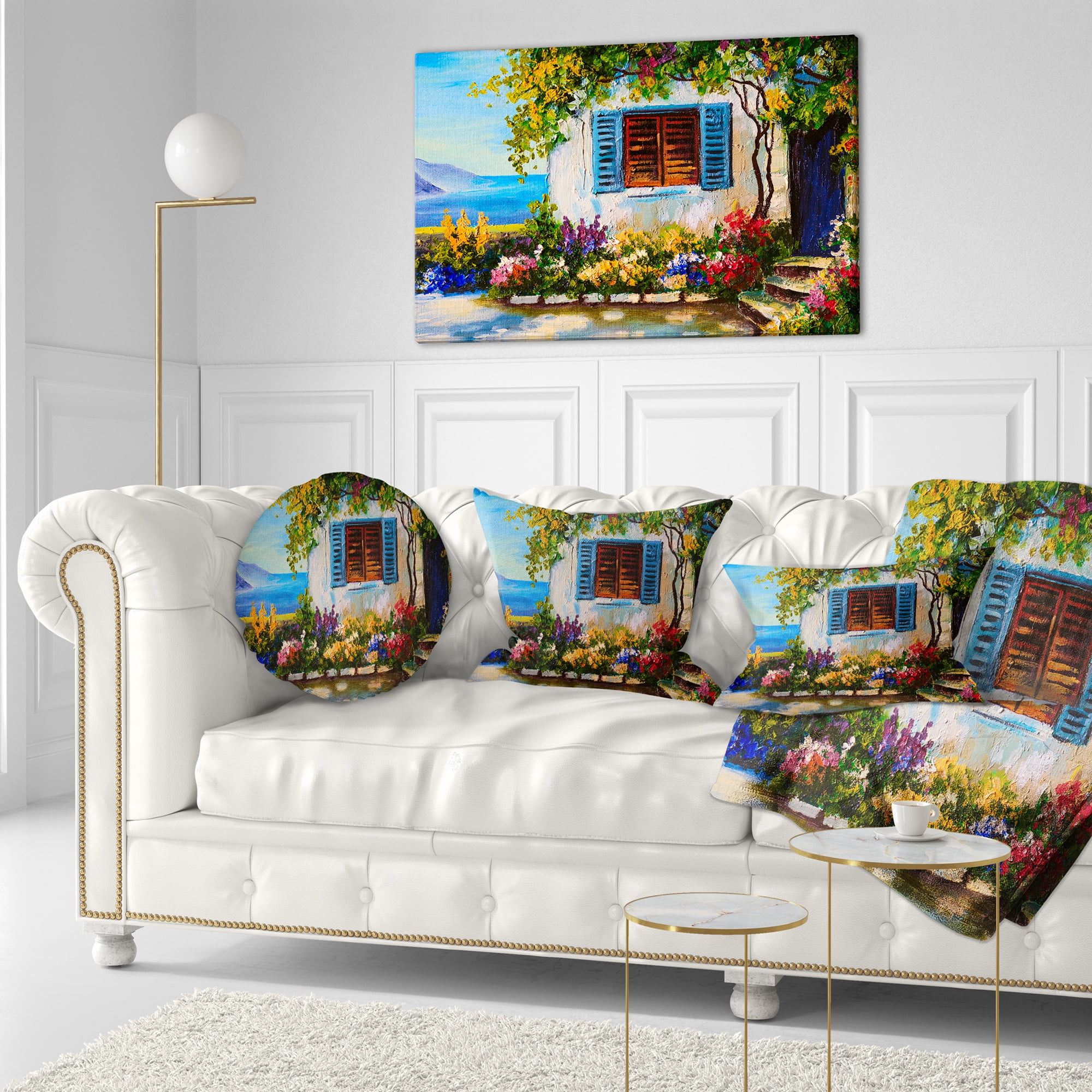 Designart House Near Sea Oil Painting - Landscape Painting Throw Pillow - 12x20