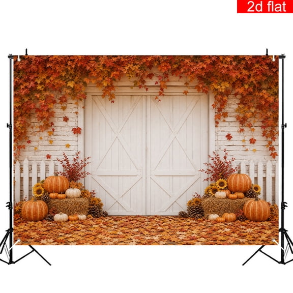 Polyester 3x5ft Fall Backdrop Autumn Pumpkin Thanksgiving Background Maple Leaves White Barn Door Photography Photo Booth Decoration