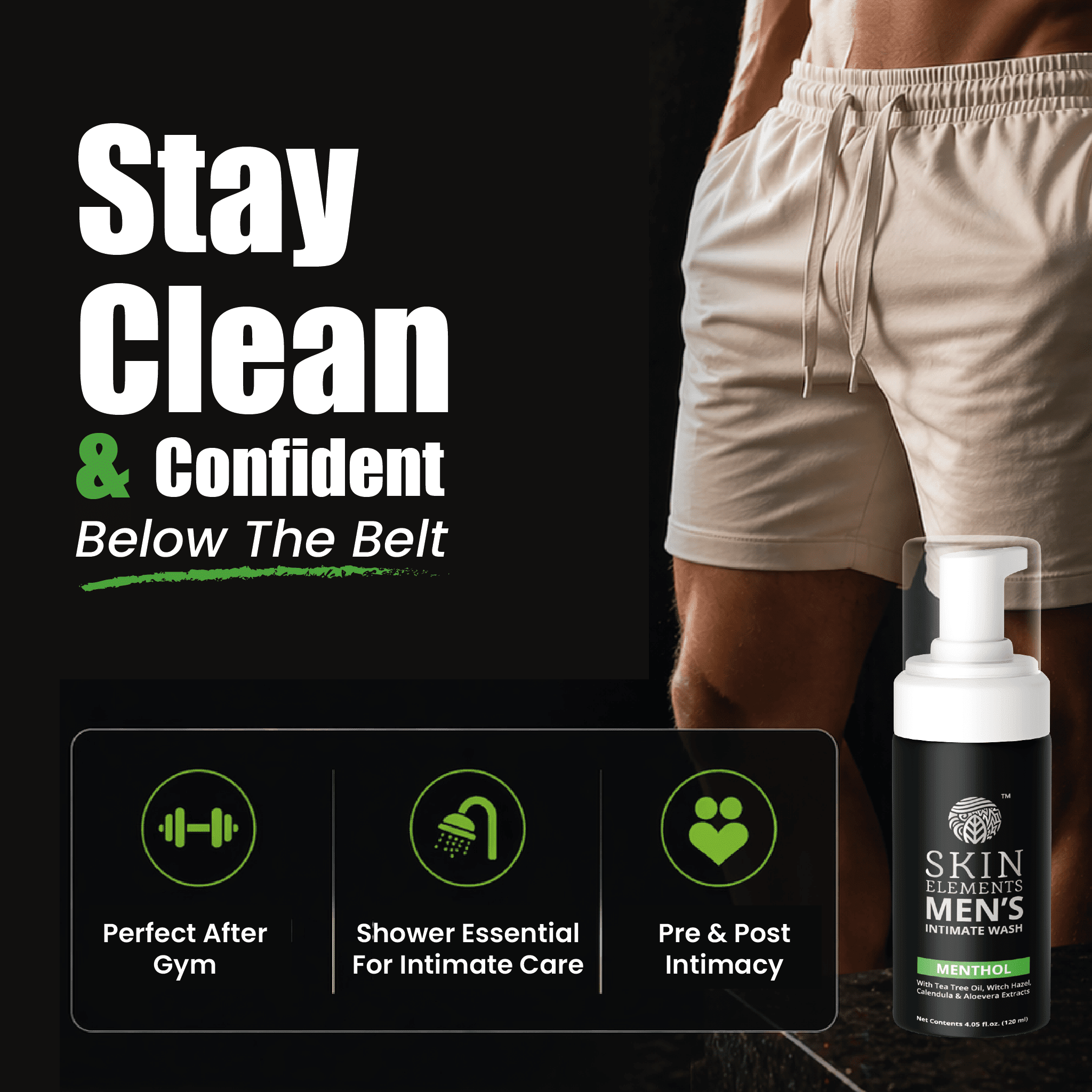 Skin Elements Men's Intimate Wash with Menthol (4.05 fl. oz.), pH Balanced Foaming Intimate Wash, Controls Bad Odor, Soothes and Cools Intimate Area