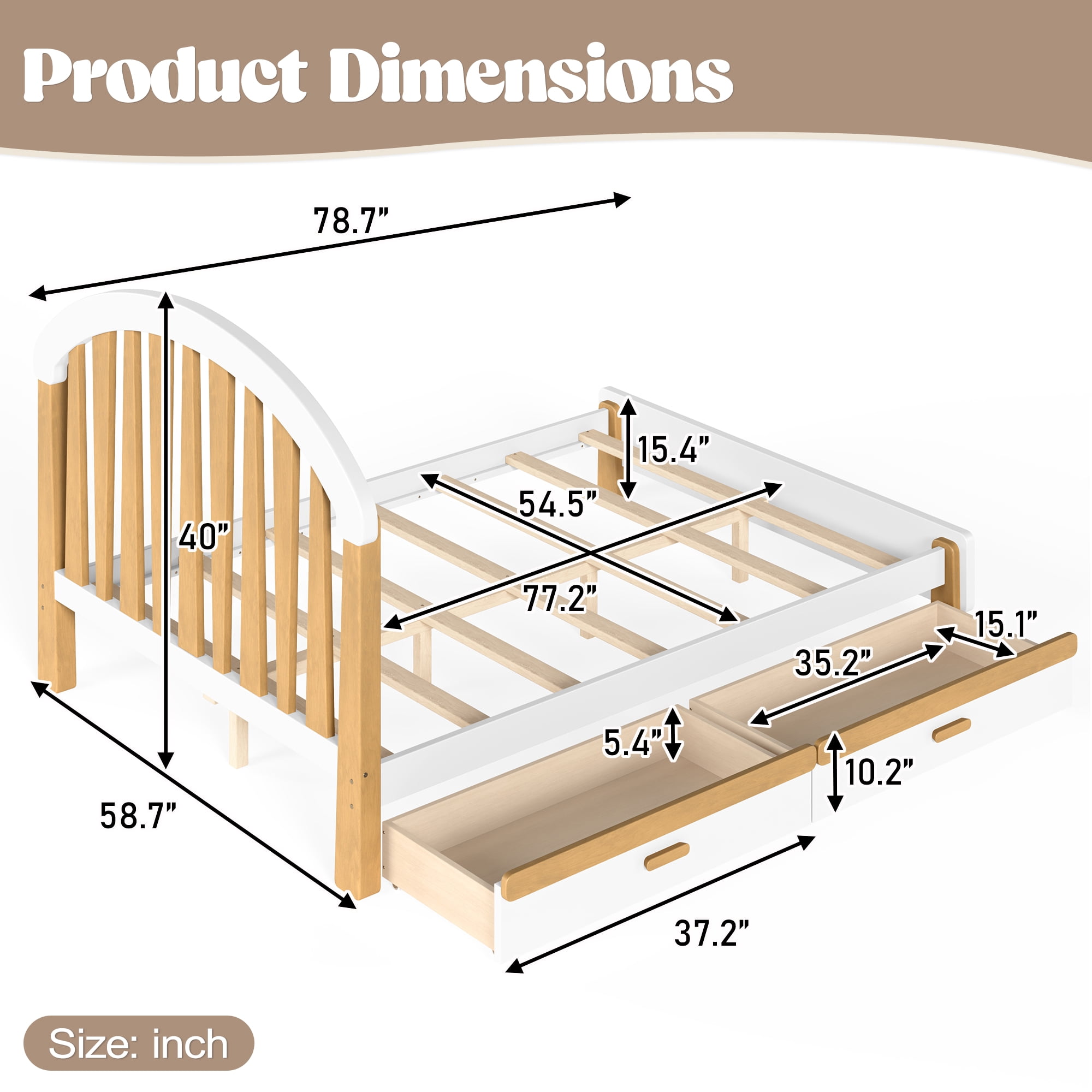 Mintazer Kids Full Size Platform Bed Frame with 2 Storage Drawers & Curved Round Headboard, No Box Spring Needed, Natural & Beige