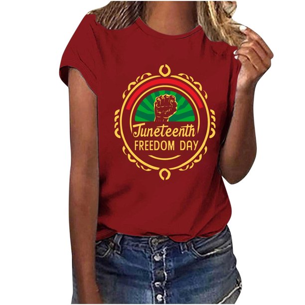 Tops de Manga Corta para las Mujeres de Ajuste Suelto, Día de la Independencia Negro Impreso, Cuello Redondo Suelto Superior