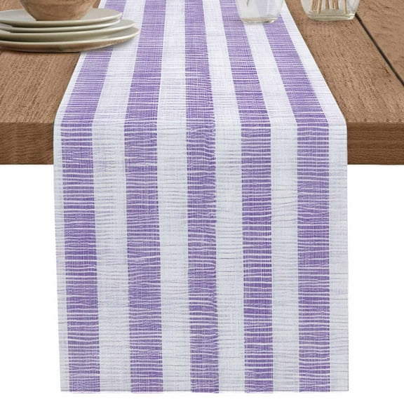 Vintage Purple Beige Stripe on Linen Table Runner-70 Inch Long Abstract Art Table Runners Linen Burlap Tablerunner for Kitchen Dining Room Holiday Party