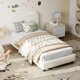 thumbnail image 4 of Senfot tamaño individual niños marco cama forrado cabecero low-profile sturdy cama plataforma soft bouclé fabric girls y boys; heavy-duty madera slats noise-free no box spring required, 4 of 7