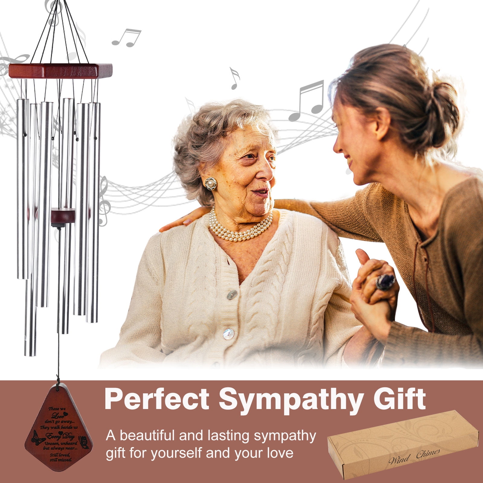 ZOMWOOA Memorial Wind Chimes Outdoor, 32 Inch Large Sympathy Wind Chimes for Loss of a Loved One, Bereavement/Memorial Gift/Sympathy Gift in Memory of Loved One Condolence Remembrance（Silver）