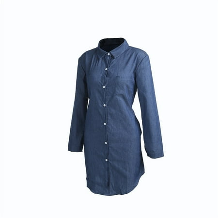 Women Denim Blue Jeans Dress Pocket Button Long Sleeve Shirt Loose Mini Dresses Hot Sale