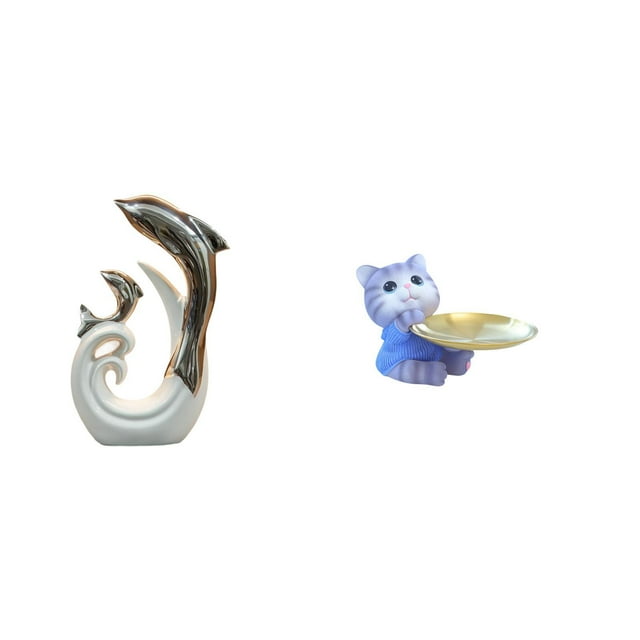Escultura de delfín de cerámica blanca, figura abstracta, bandeja para gatos, estatua de resina, bandeja decorativa funcional ideal para sala de estar