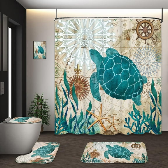 FRAMICS Blue Sea Turtle Shower Curtain Sets with Rugs, 16 Pc Nautical Ocean Bathroom Sets, Waterproof Fabric Bathroom Curtain Decor with Hooks