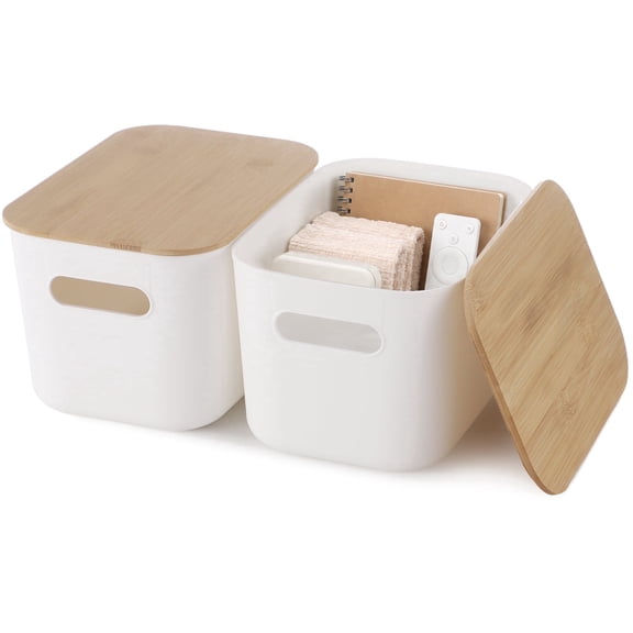 2 Pack Tabletop Storage Plastic Bin with Wooden Lid, 9.8 x 6.8 x 6.0 in Organising Boxes, Stackable White Storage Box for Desktop Office, Kitchen Pantry, Bathroom, Closet Shelves