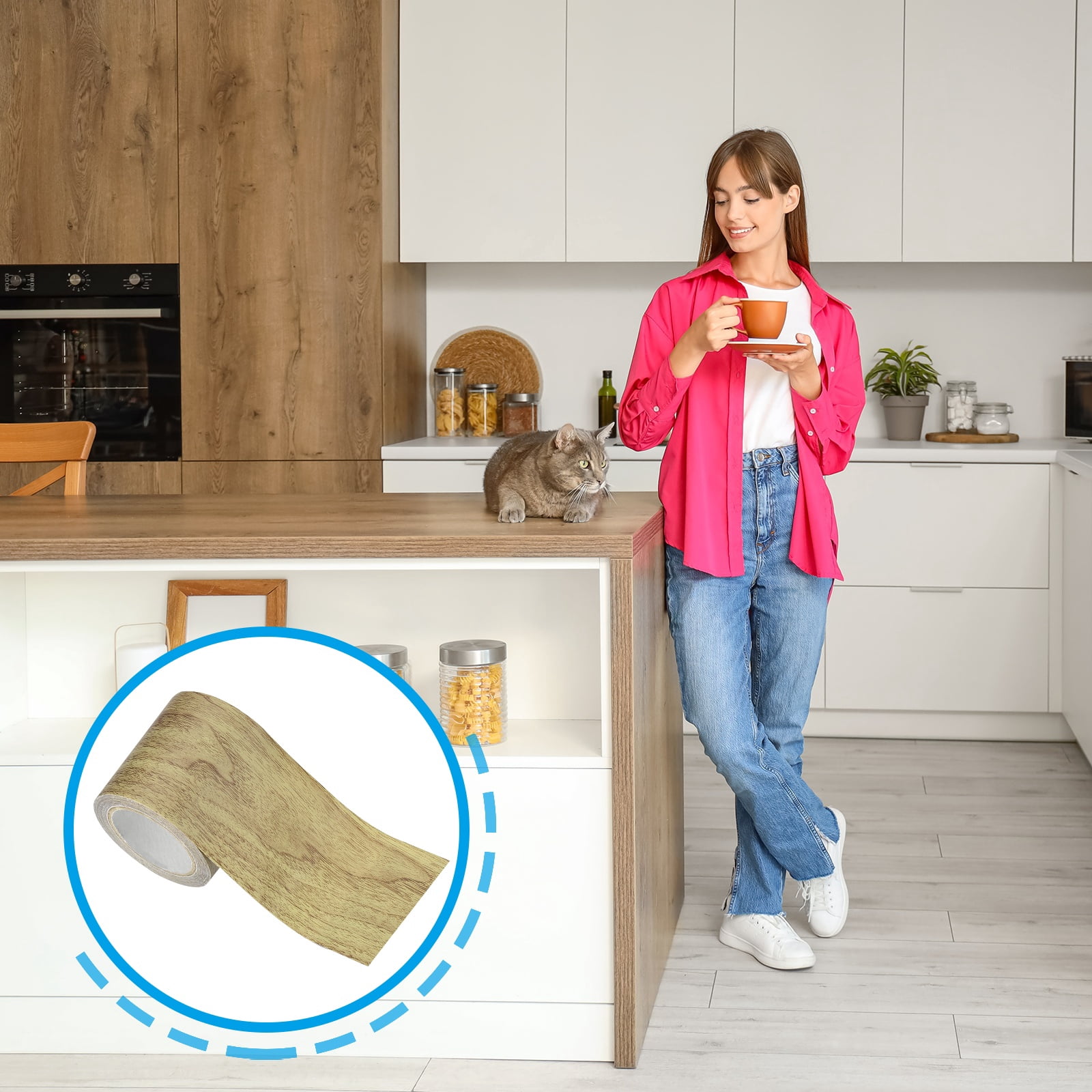 Uxcell Wood Grain Repair Tape 2.2" x 14.99' Self Adhesive Realistic Textured Repair Tape Patch with Scraper Brown Oak