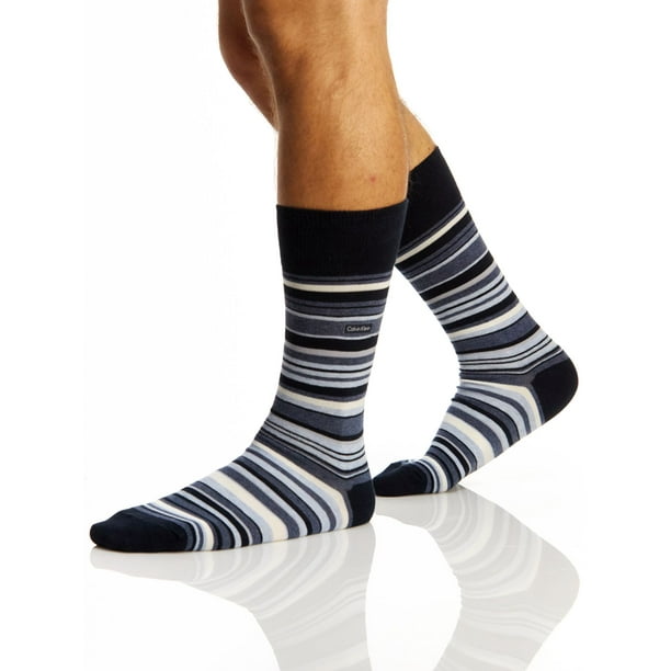 Calvin Klein Men's Barcode Multi Stripe Crew Socks, Navy/Pale Denim, Large  