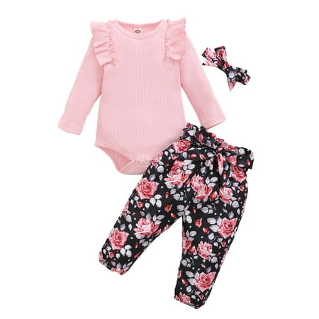 

OLLUISNEO Newborn Baby Girls Romper Outfits 9 Months Winter Clothes 12 Months Pits Stripe Long Sleeve Jumpsuit Rose Pants Headband 3 PCS Set Pink