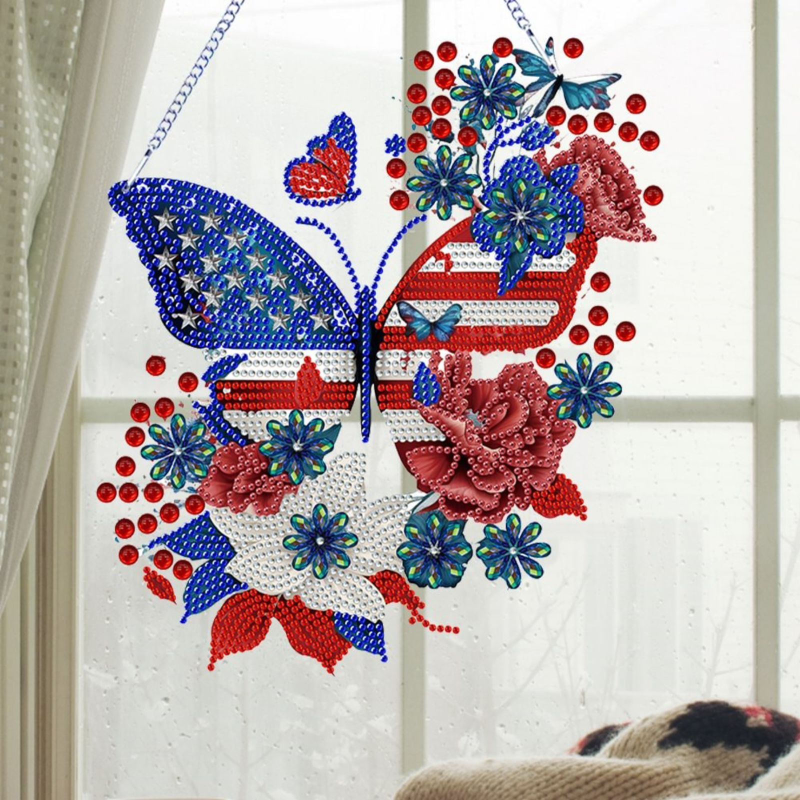FLOPESN 2PCS DIY Diamond Pendant Diamond Art Painting Independence Day USA Butterfly Creative Design PVC Home Decoration Pendant (Single Side Diamond)