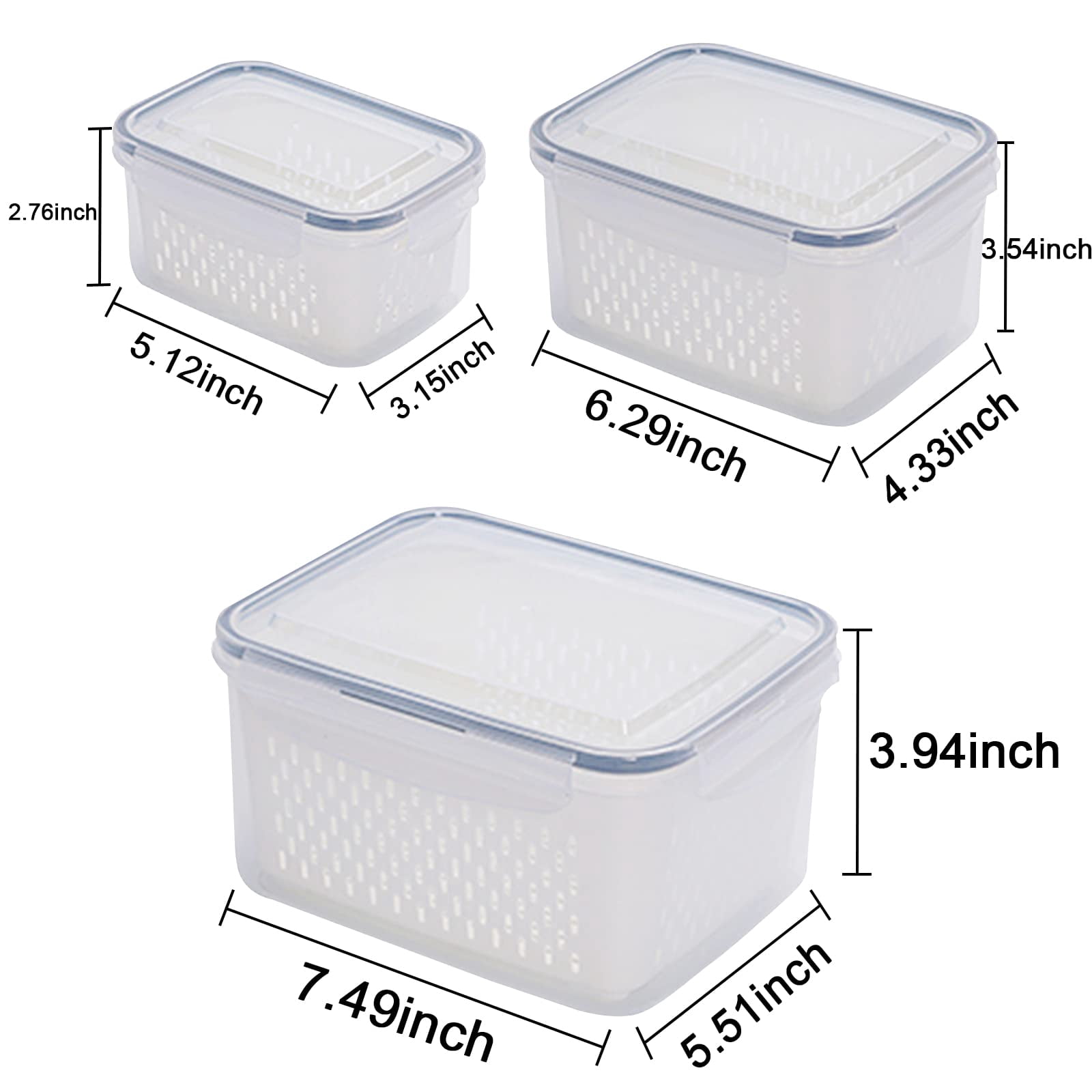 3pack Fridge Food Storage Container Set With Lids Strainer Plastic Fresh Produce Saver Vegetable Fruit Meat Organization  Keepers(3.15l+1.7l+0.8l)