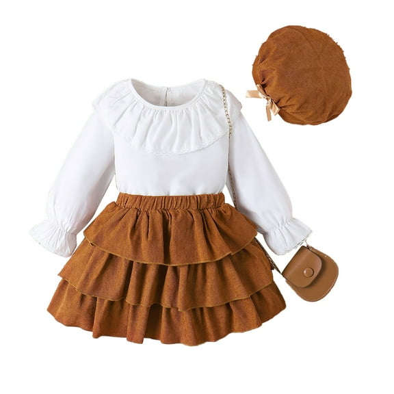 LYMAYTER Kids Girls Solid Colour Outfit 2PCS Toddler Fall Winter Long Sleeves Top  Cute Skirt Set for 3 - 7 Years
