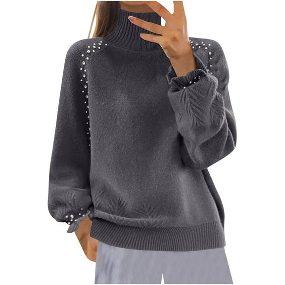YUGYXL Women's Fall Long Sleeve Sweater Turtleneck Cozy Knit Sweater with Pearls Casual Loose Pullover Jumper Tops Gray L
