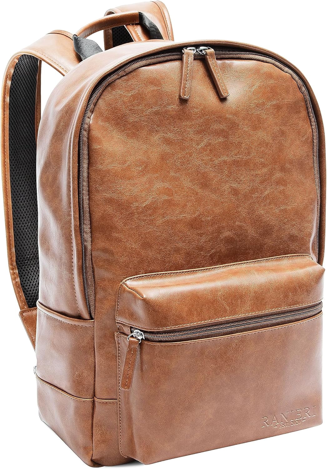 Leather Backpack - Ranieri Vintage Vegan PU Stylish 13-inch Laptop Bag for College, Travel, and Hiking - Durable Rucksack Daypack with Shoulder Straps - Unisex Design - Spacious, Brown