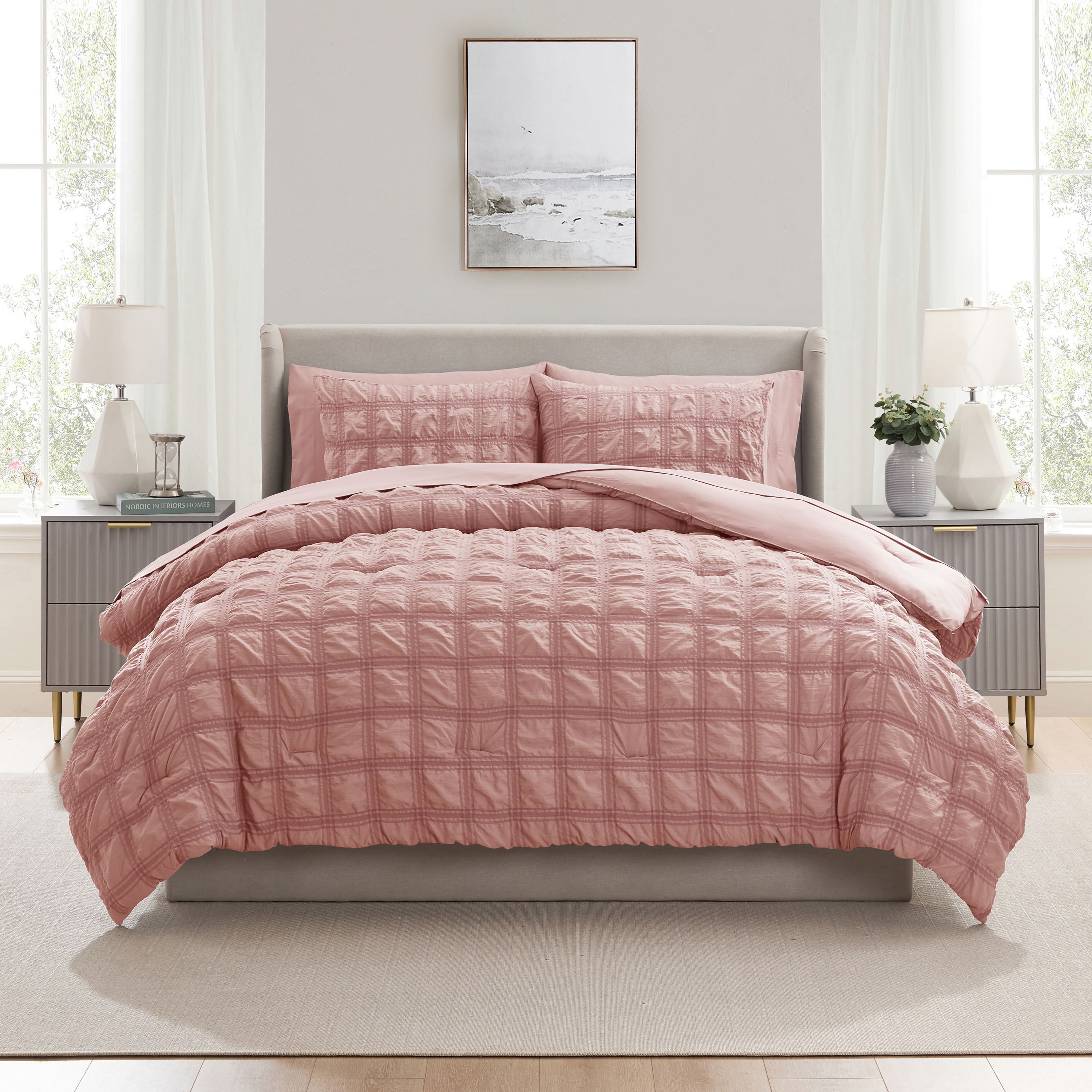 Virtu Queen Comforter Set, Seersucker Queen Size Comforter Set, 7-Pc All Season Bedding Comforter Set, Bali Blush