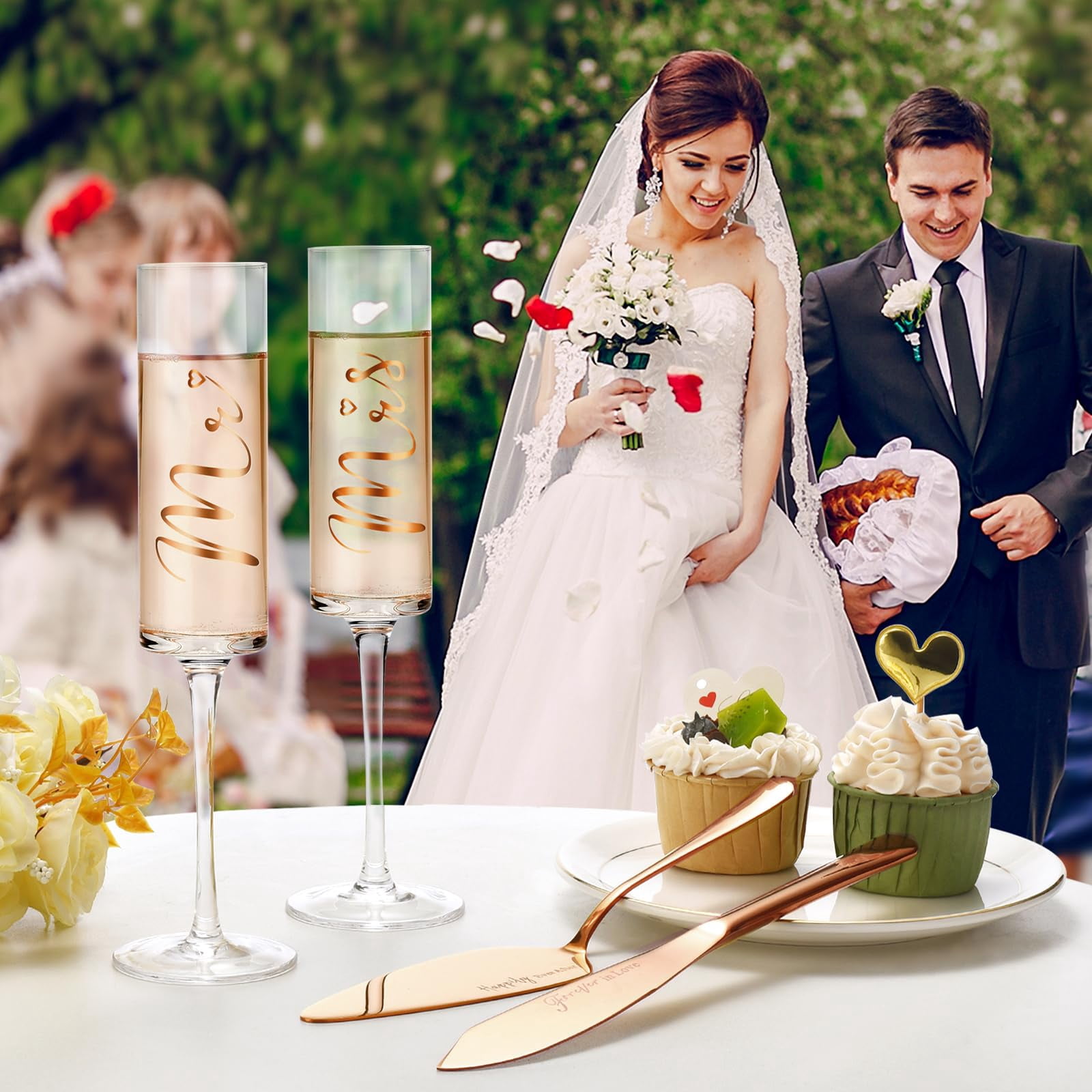 Wedding Cake And Server Set  Bride Groom Mr Mrs Champagne Flutes & Forks With Giftable Box For Engagement Bridal Shower Gifts