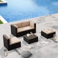 thumbnail image 2 of SOLAURA 5-Piece Outdoor Patio Furniture Sofa Set, Rattan Wicker Sectional Sofa with Ottoman, Glass Coffee Table & Cushions, Outdoor Conversation Set for Backyard, Garden, Porch, Brown, 2 of 9