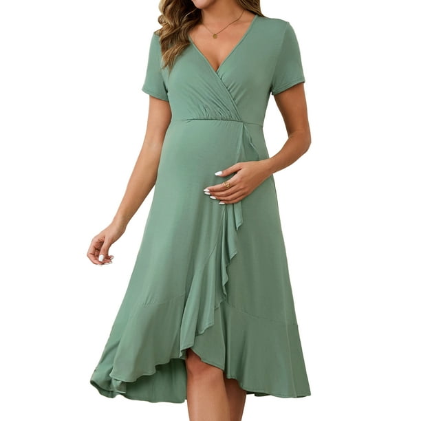 VESTIDO MATERNIDAD ENVOLVENTE DÍA DE LA MADRE, ESCOTE V, VOLANTES, SEMI FORMAL, FOTOS, CÓCTEL, GRIS VERDE L