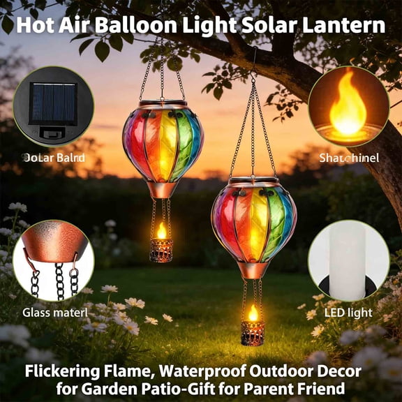 Hot Air Balloon Light Solar Lantern with Flickering Flame, Glass Hanging Solar Lanterns Waterproof Outdoor Solar Lights for Garden Patio Decor, Gift for Parent Friend